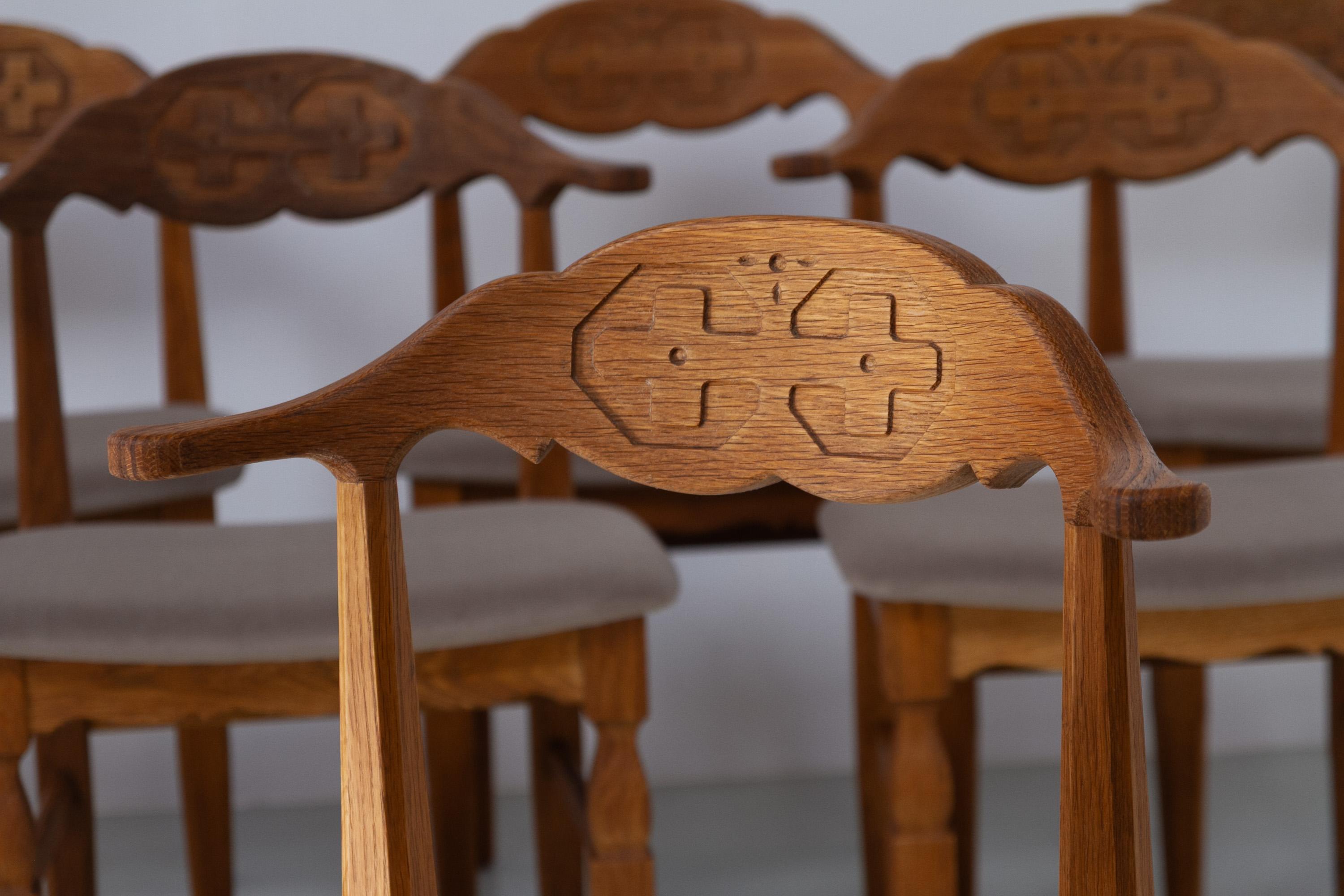 Mid-20th Century Danish Brutalist Oak Dining Chairs by Henning Kjærnulf, 1960s. Set of 6. For Sale
