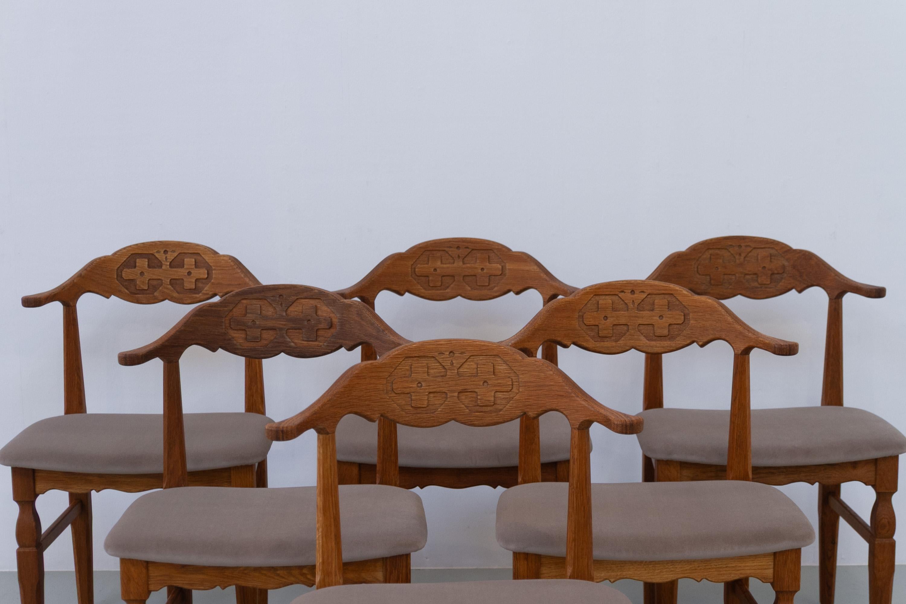 Velvet Danish Brutalist Oak Dining Chairs by Henning Kjærnulf, 1960s. Set of 6. For Sale
