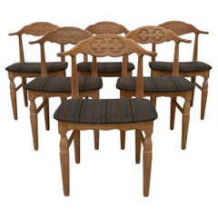 Danish Brutalist Oak Dining Chairs by Henning Kjærnulf, 1970s. Set of 6.