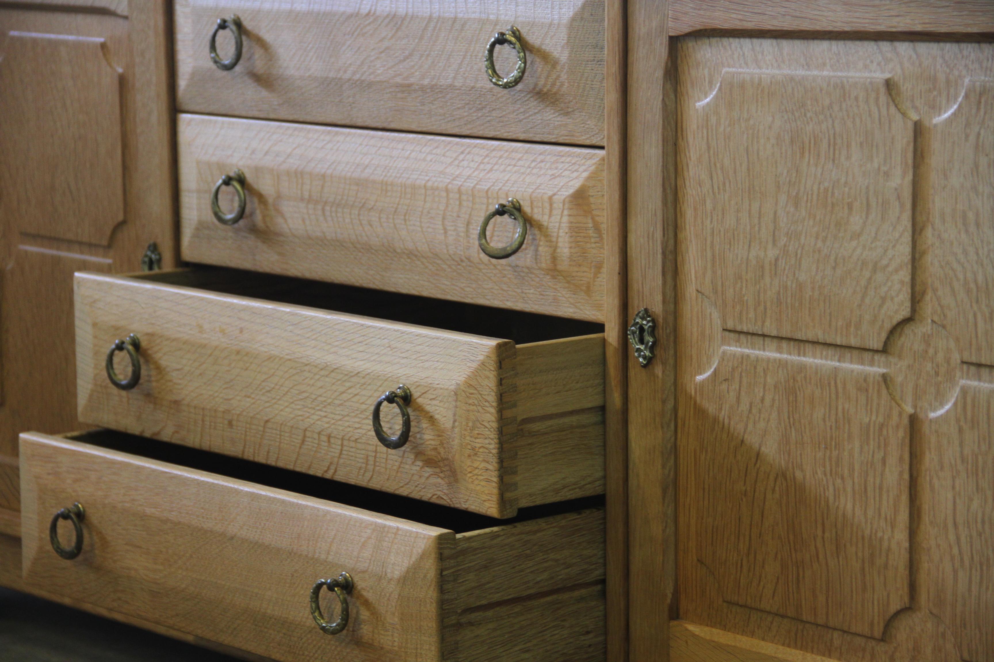 Danish Brutalist Oak Low Sideboard, credenza style of Henning Kjærnulf, 1970s For Sale 11