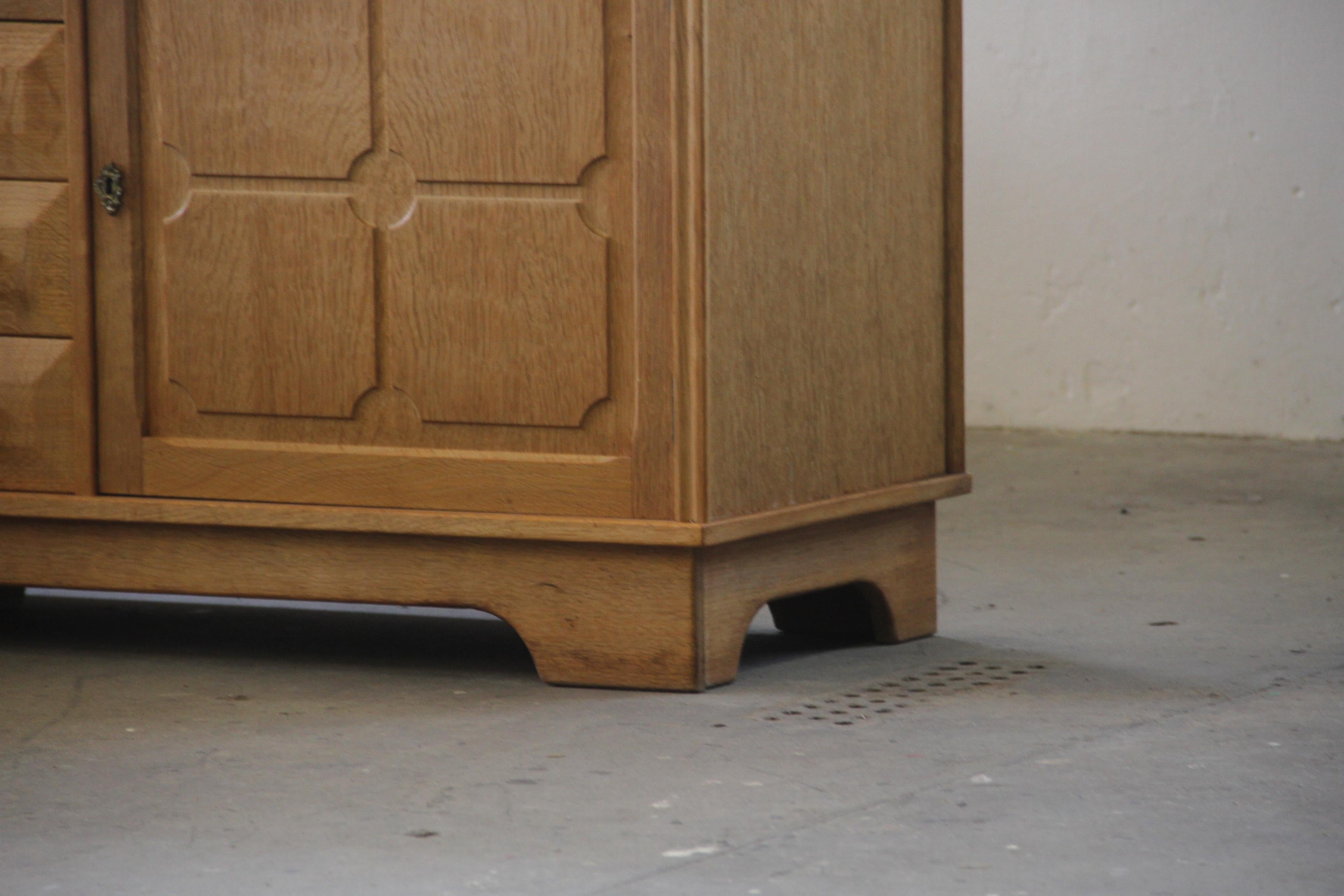 Brass Danish Brutalist Oak Low Sideboard, credenza style of Henning Kjærnulf, 1970s For Sale