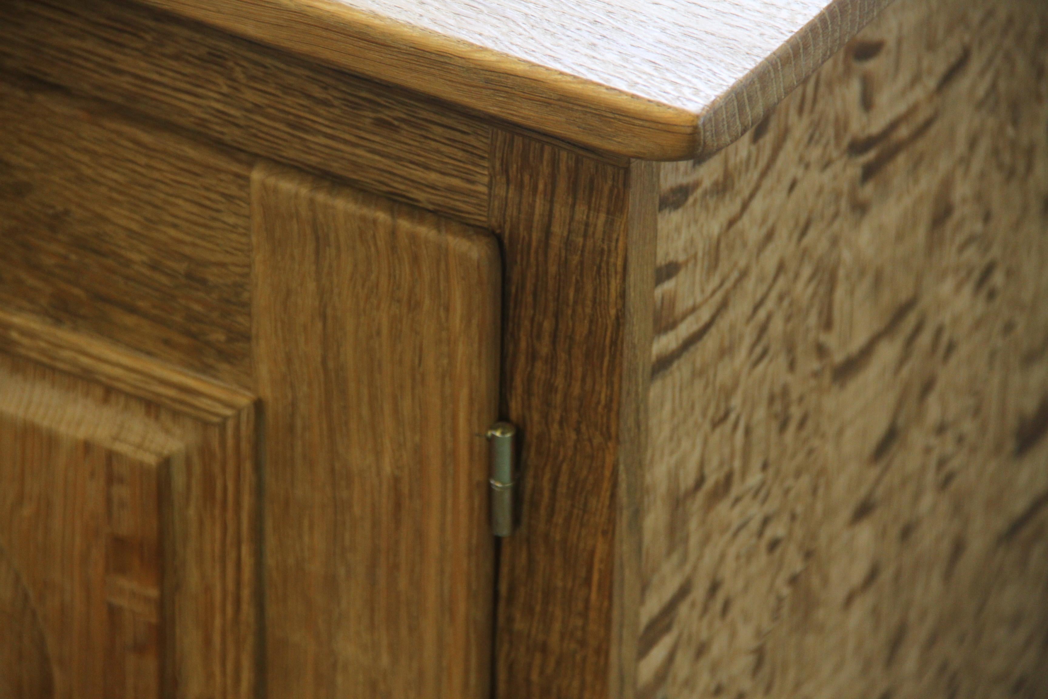 Brass Danish Brutalist Oak Low Sideboard style of Henning Kjærnulf, 1970s For Sale