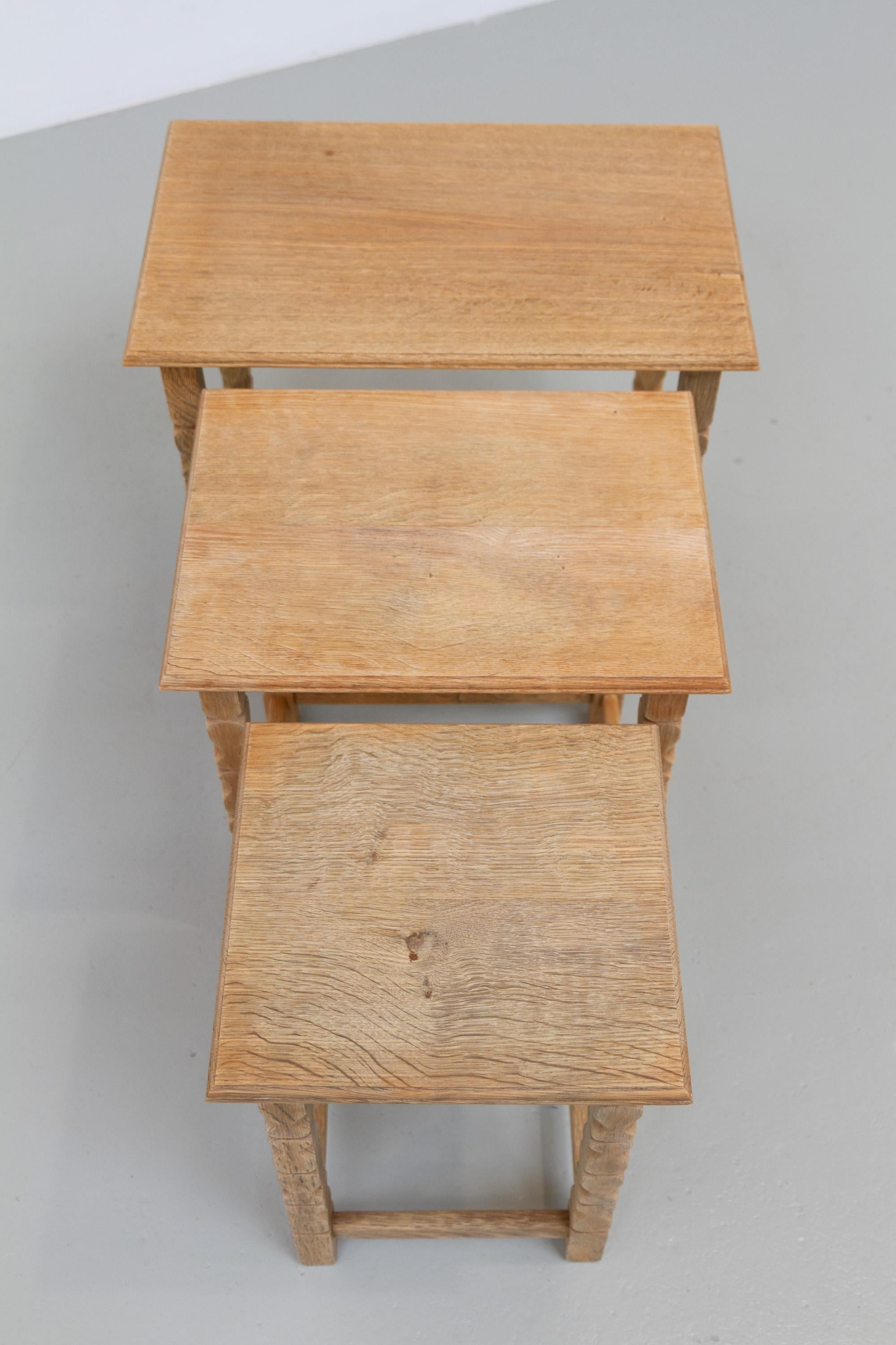 Danese Danish Brutalist Oak Nesting Tables in Kjærnulf style, 1970s. Set of 3. in vendita