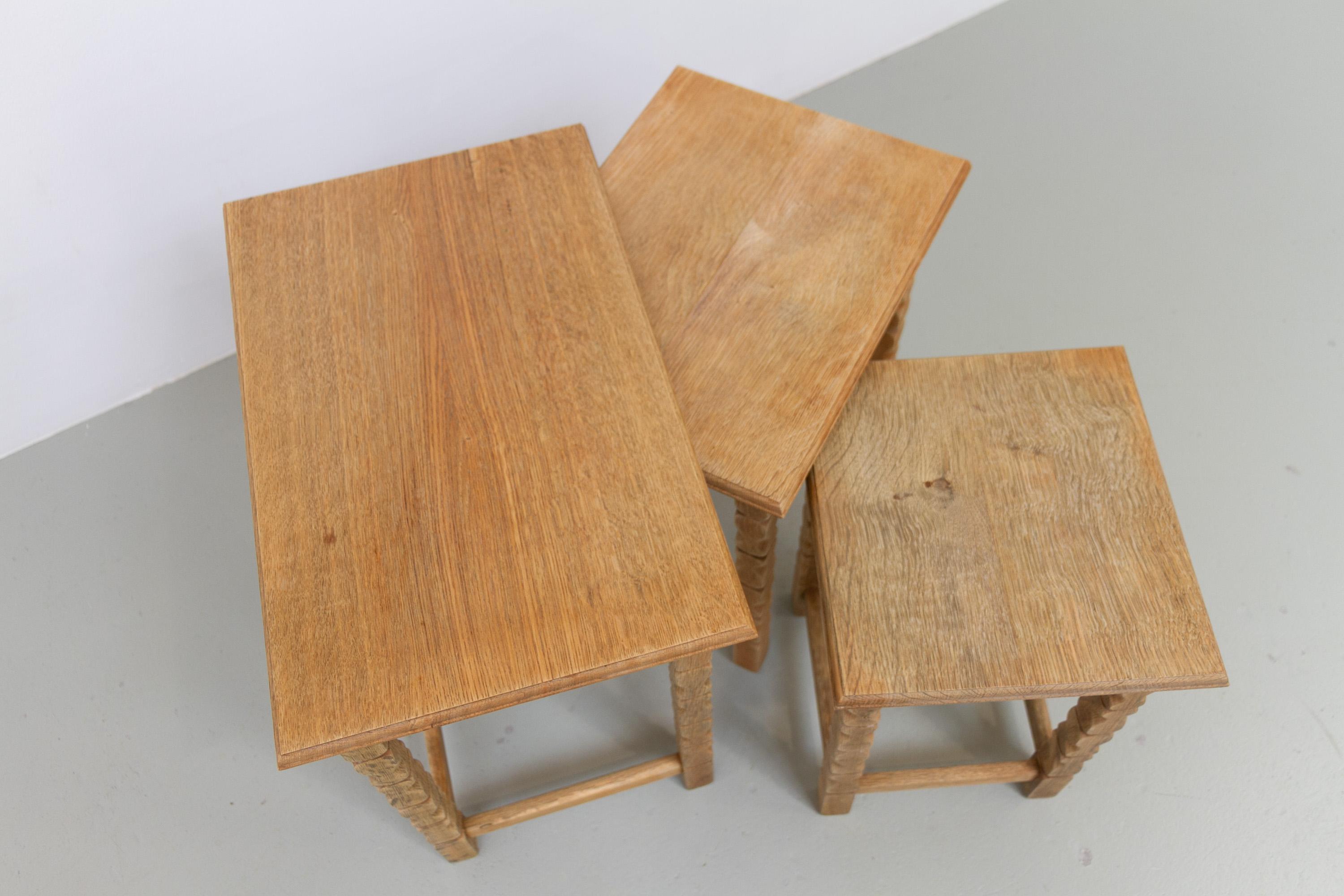 Danish Brutalist Oak Nesting Tables in Kjærnulf style, 1970s. Set of 3. in vendita 1
