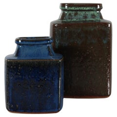Danish Brutalist Pair of Square Rustic Ceramic Vases by Jytte Trebbien 1970