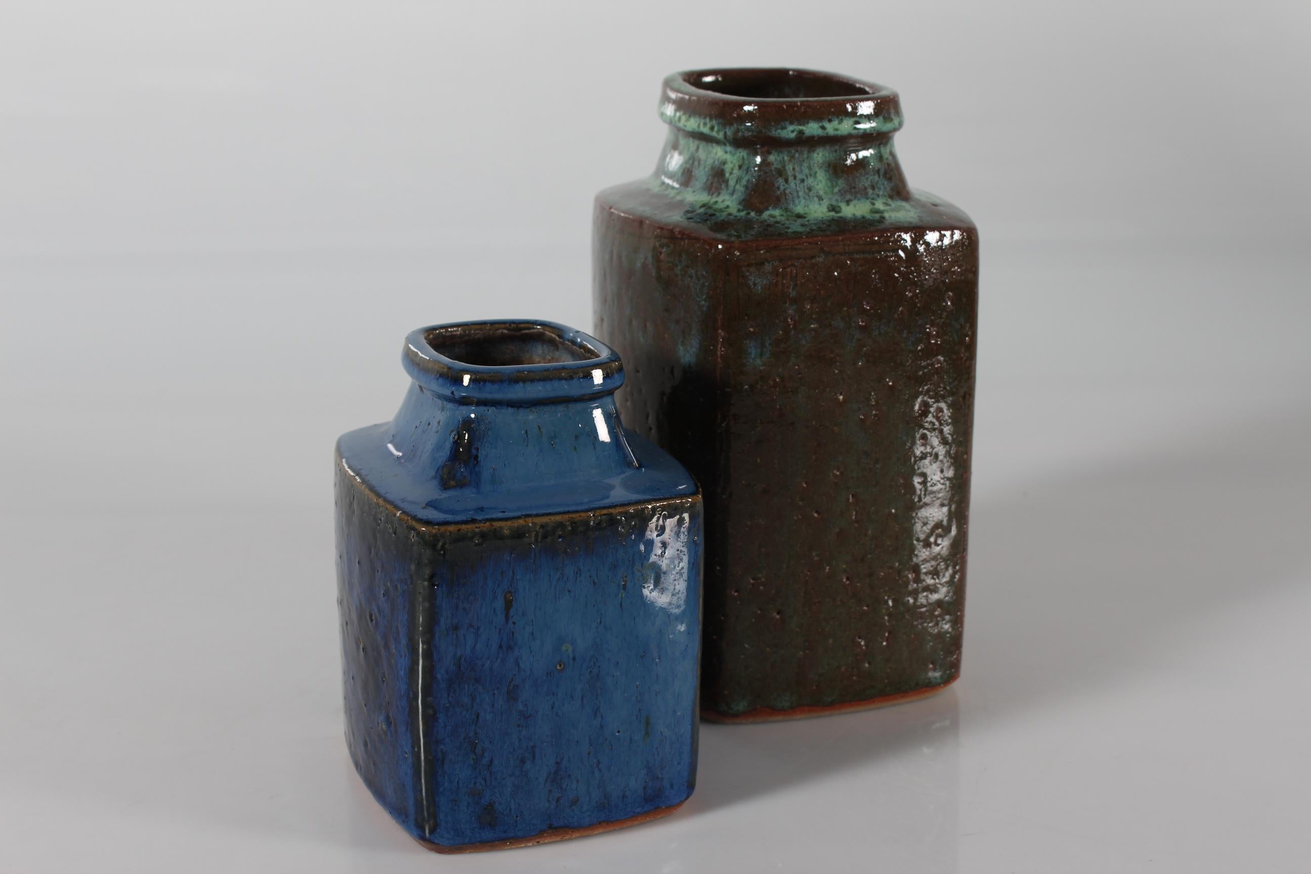 Late 20th Century Danish Brutalist Pair of Square Rustic Ceramic Vases by Jytte Trebbien 1970 For Sale