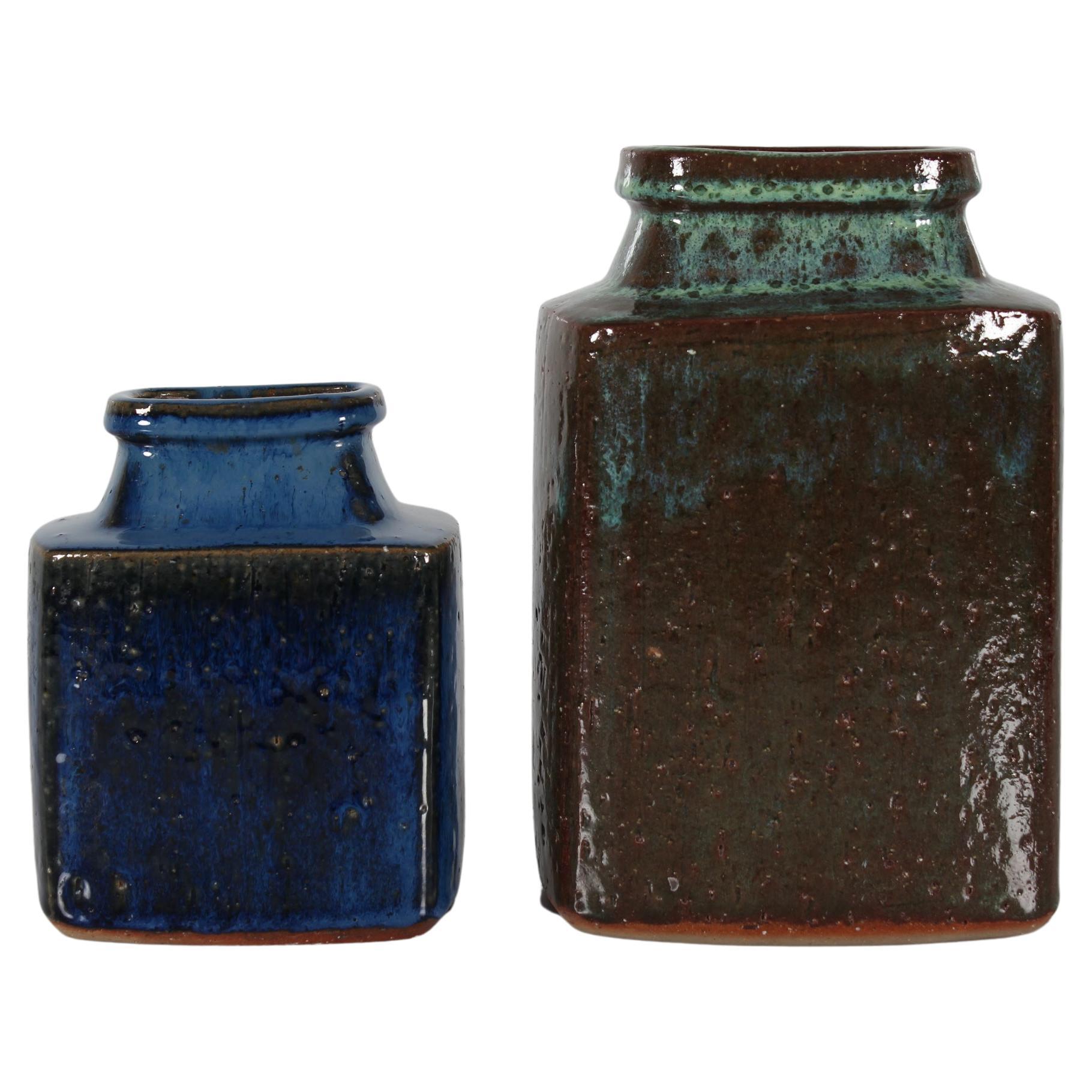Danish Brutalist Pair of Square Rustic Ceramic Vases by Jytte Trebbien 1970 For Sale