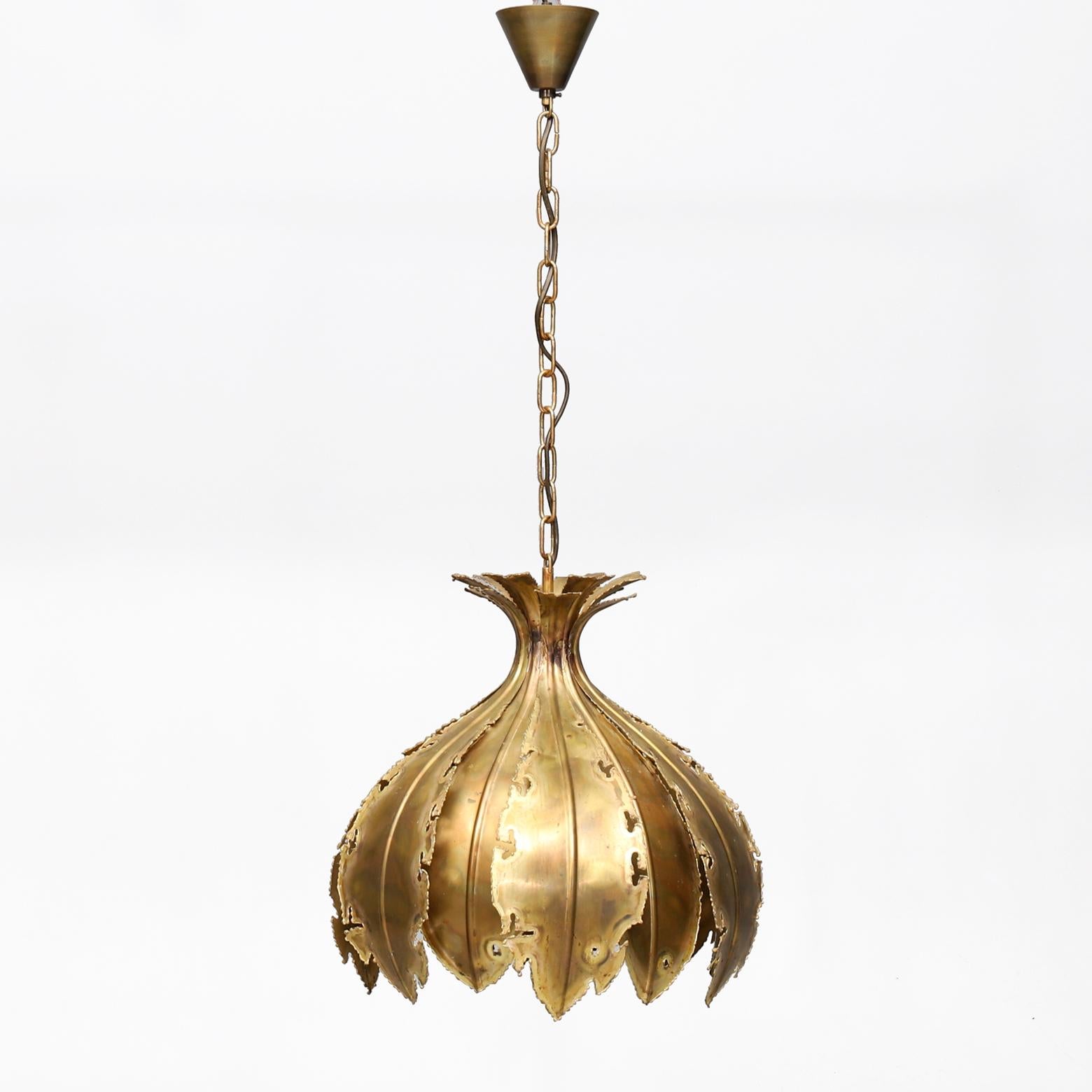 Danish Brutalist chain-suspended hanging lamp composed of acid-treated and torch-cut brass. This model, 'P6395', was designed by Svend Aage Holm Sorensen in the early 1960s. (Acid treated in Holm Sorensen’s special process and his signature),