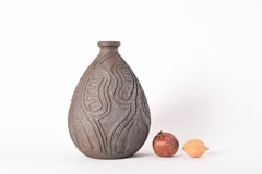 Danish Brutalist Tall Vase by Løvemose Unglazed Brown Ceramic Hand-carved Decor
