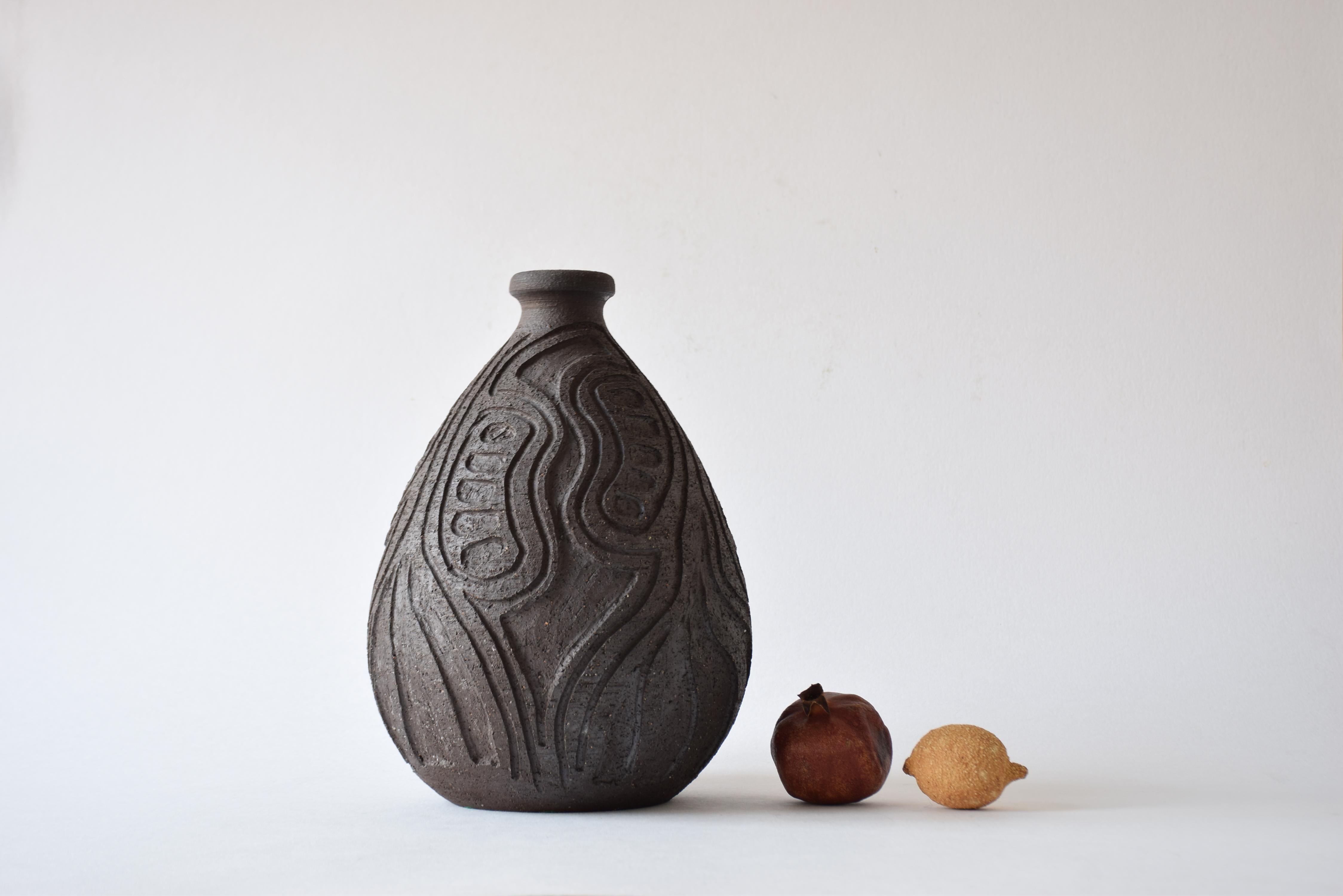 Mid-Century Modern Danish Brutalist Tall Vase by Løvemose Unglazed Brown Ceramic Hand-carved Decor For Sale