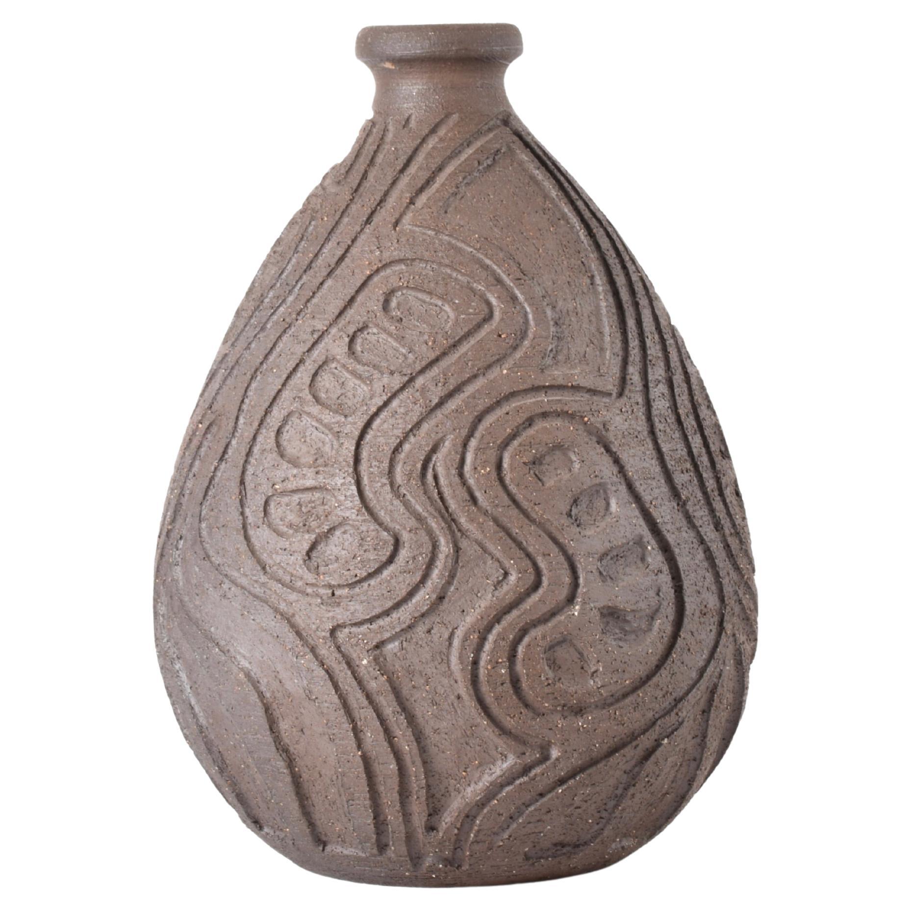 Danish Brutalist Tall Vase by Løvemose Unglazed Brown Ceramic Hand-carved Decor For Sale