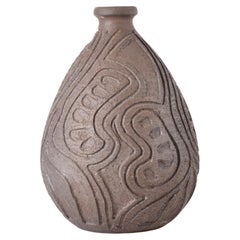 Danish Brutalist Tall Vase by Løvemose Unglazed Brown Ceramic Hand-carved Decor