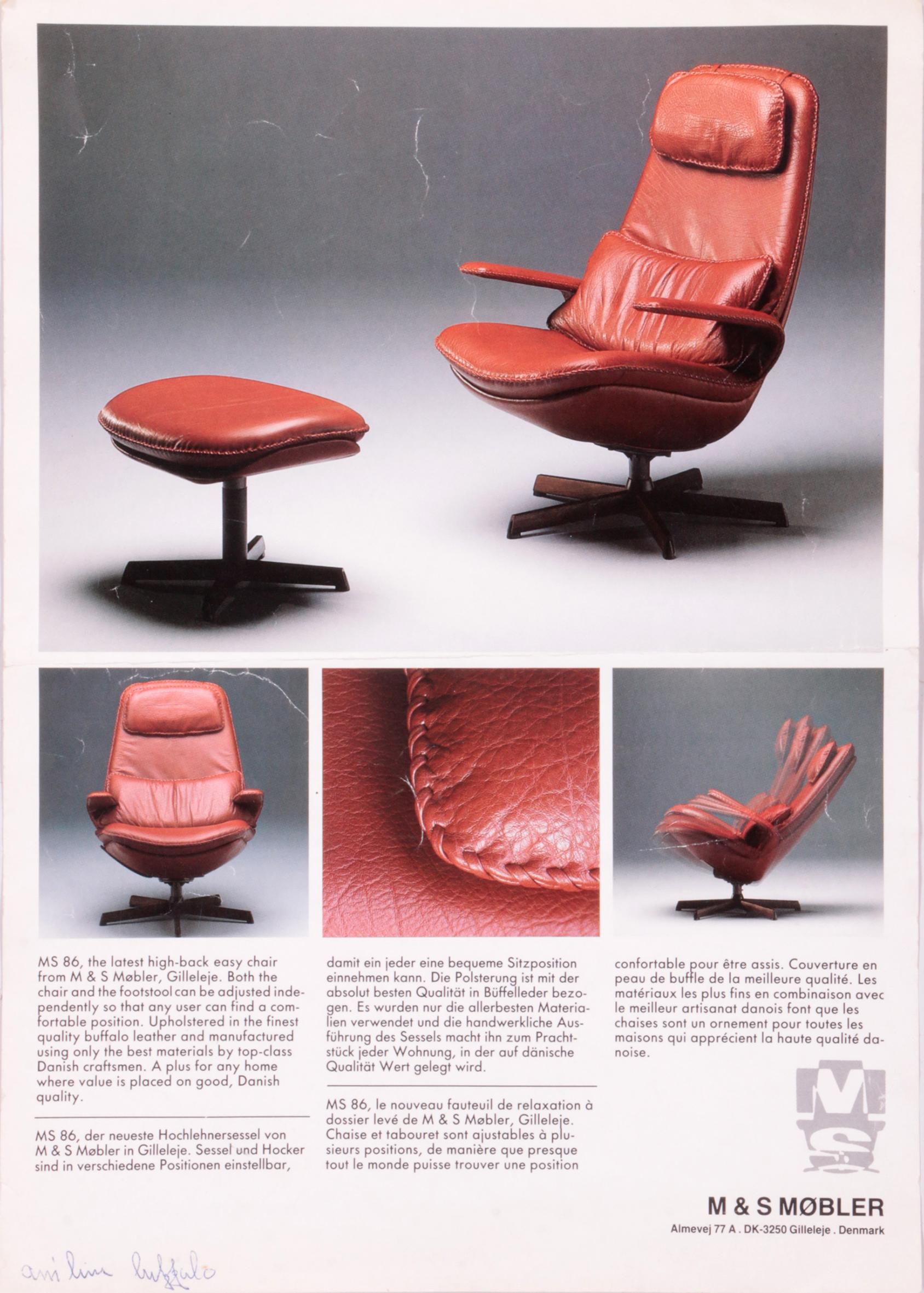 Danish Buffalo Leather Adjustable Armchair & Ottoman Set by M&S Mobler, 1960s For Sale 11