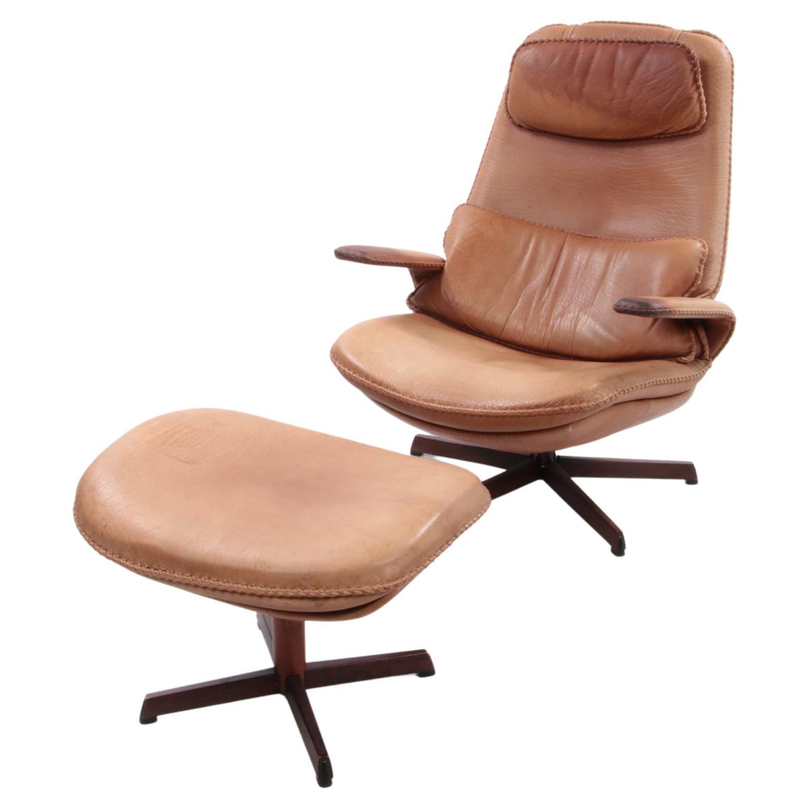 Danish Buffalo Leather Adjustable Armchair & Ottoman Set by M&S Mobler, 1960s For Sale