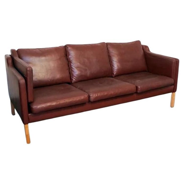 Danish Burgundy Three Seater Leather Sofa For Sale at 1stDibs