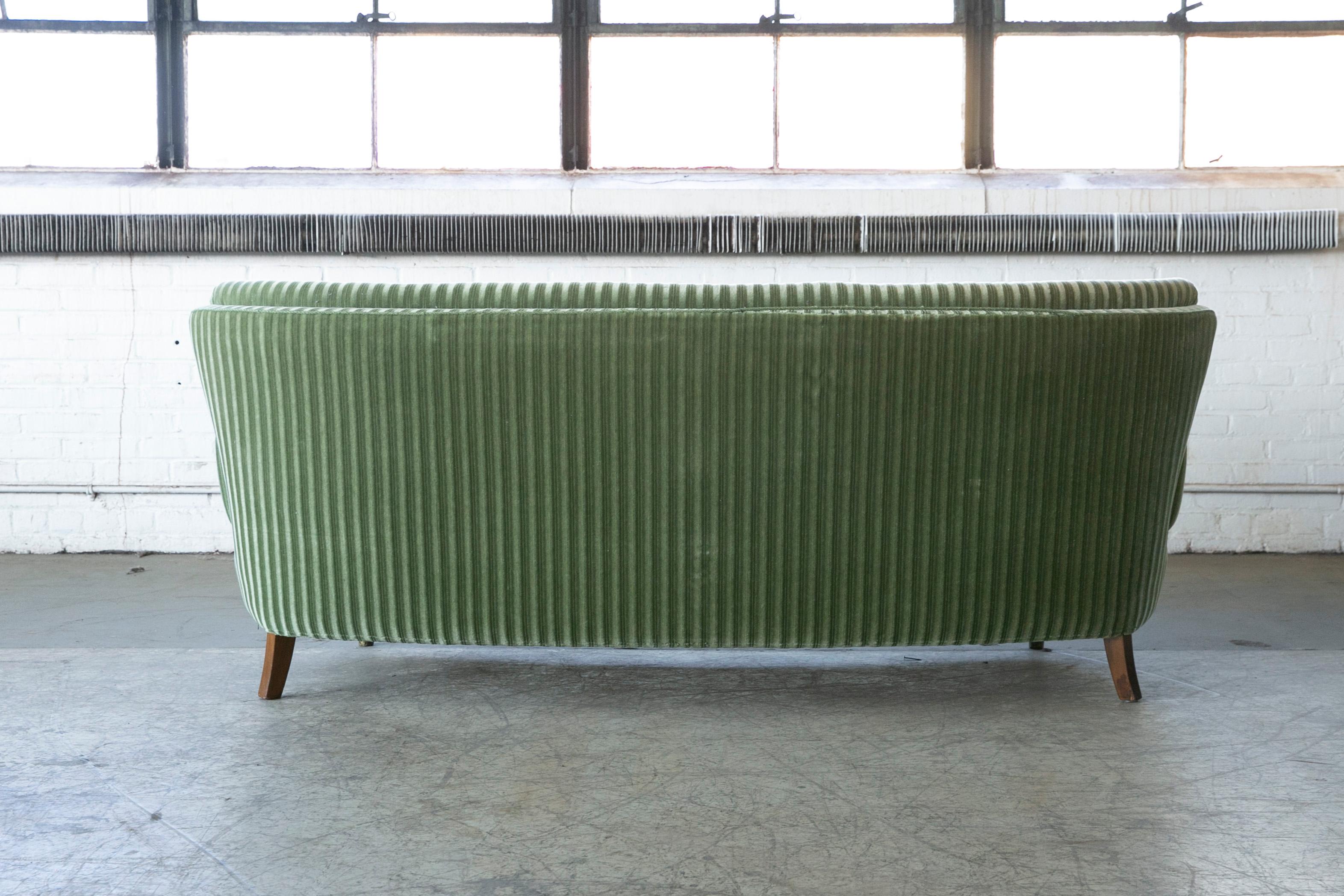 Danish Ca. 1950 Curved Sofa in Green Mohair and Brass Capped Legs 4