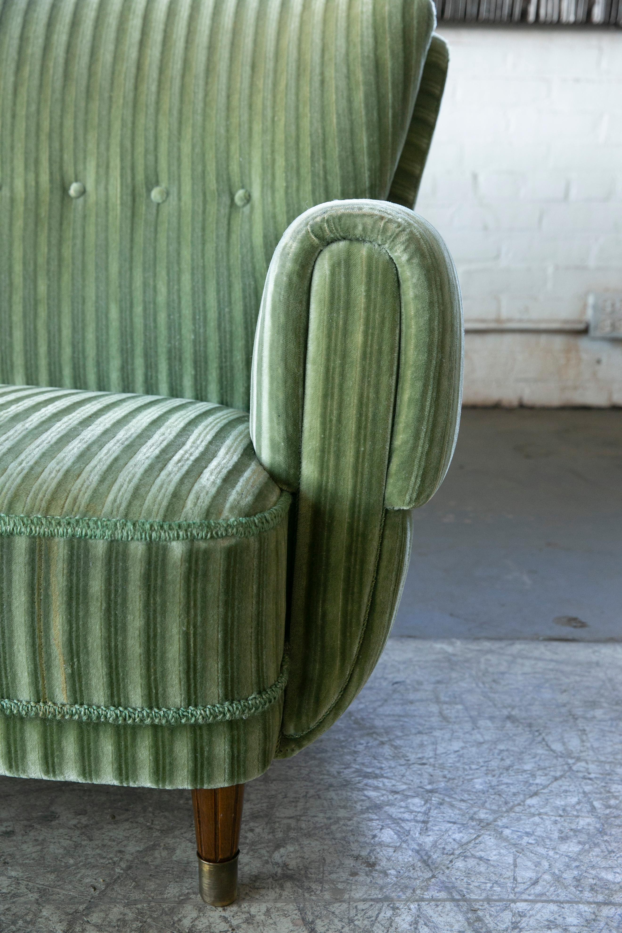 Swedish Danish Ca. 1950 Curved Sofa in Green Mohair and Brass Capped Legs
