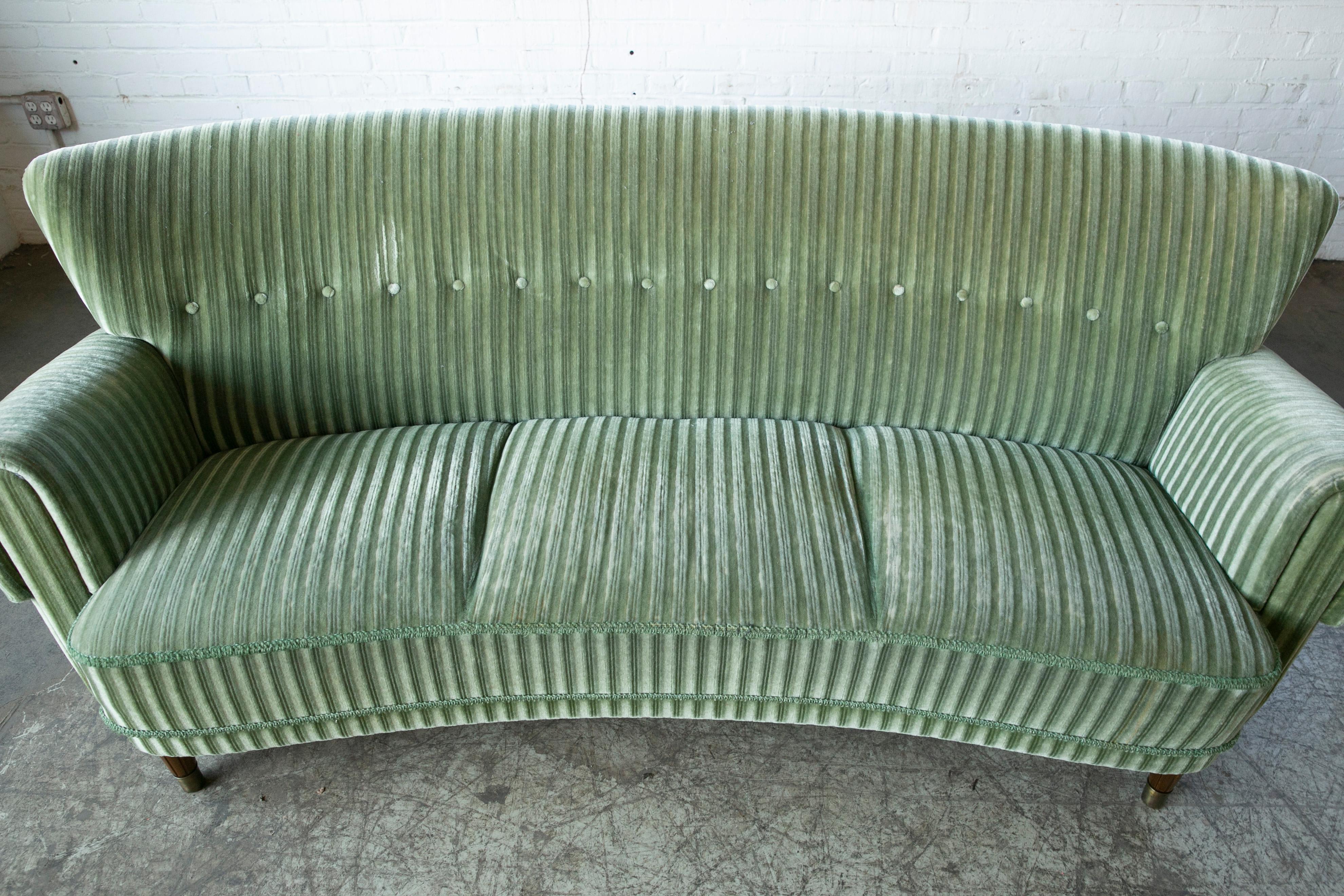 Danish Ca. 1950 Curved Sofa in Green Mohair and Brass Capped Legs 1