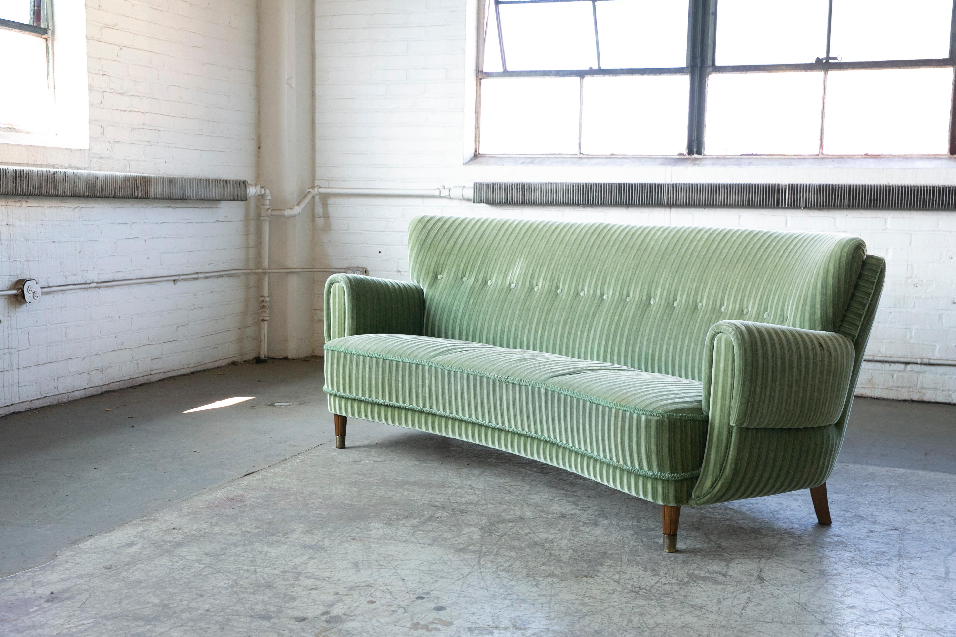 Danish Ca. 1950 Curved Sofa in Green Mohair and Brass Capped Legs 3