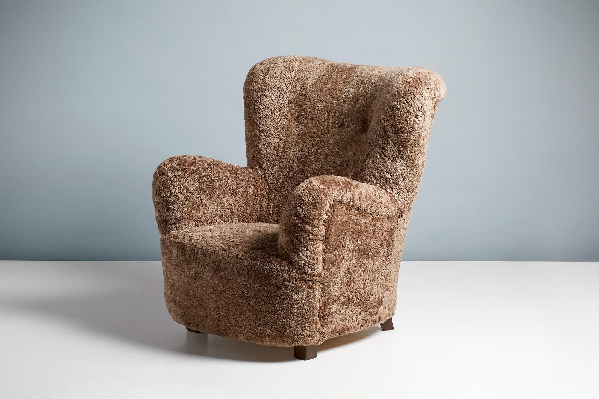 Danish Cabinetmaker 1940s Large Sheepskin Wing Chair In Excellent Condition In London, GB