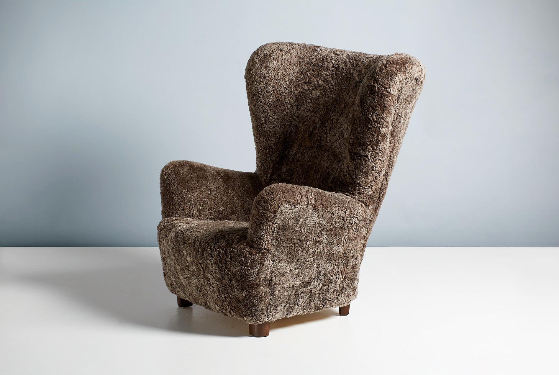 Mid-20th Century Danish Cabinetmaker 1940s Large Sheepskin Wing Chair