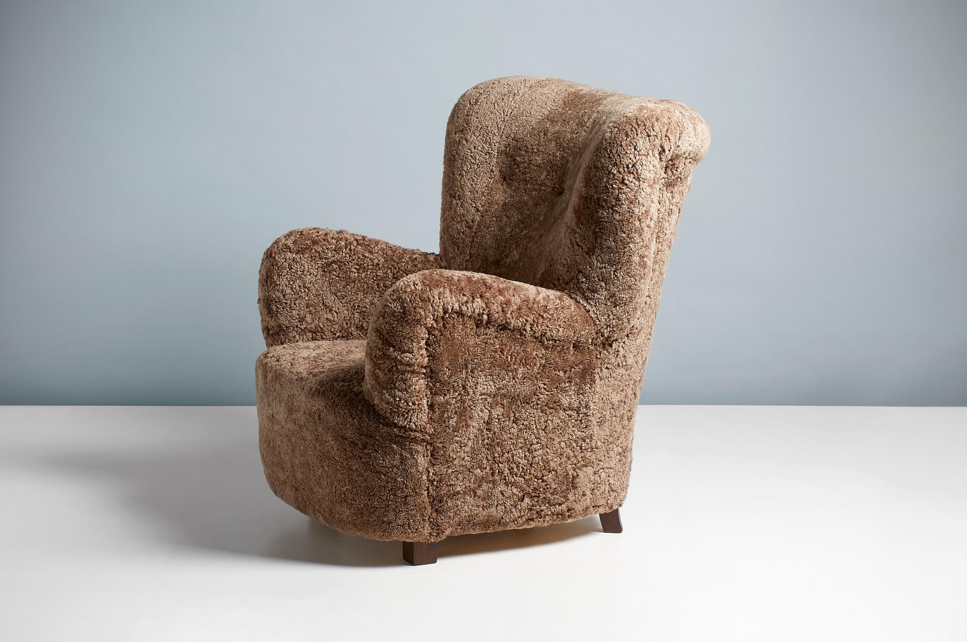 Danish Cabinetmaker 1940s Large Sheepskin Wing Chair 2