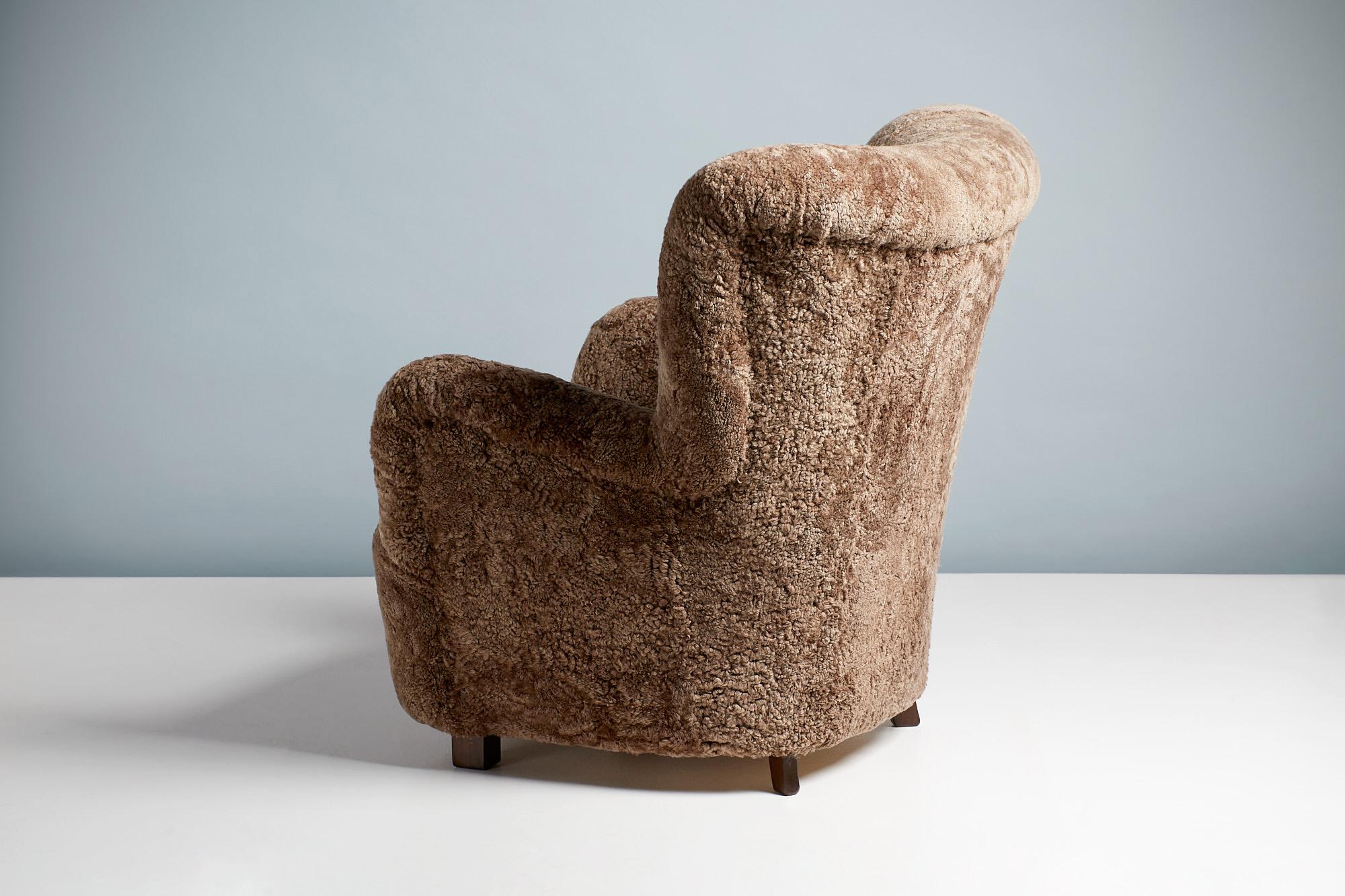 Danish Cabinetmaker 1940s Large Sheepskin Wing Chair 4