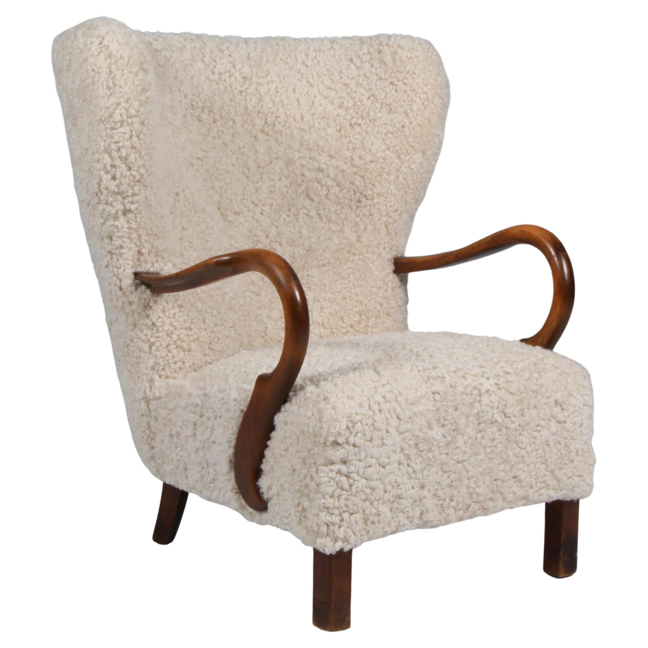 Danish Cabinetmaker 1940s Lounge Chair, Lambskin For Sale