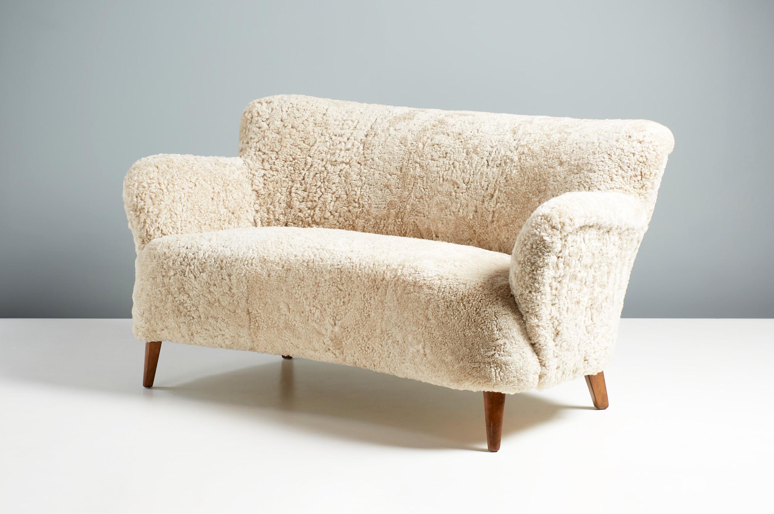 European Danish Cabinetmaker 1940s Love Seat Sheepskin Sofa