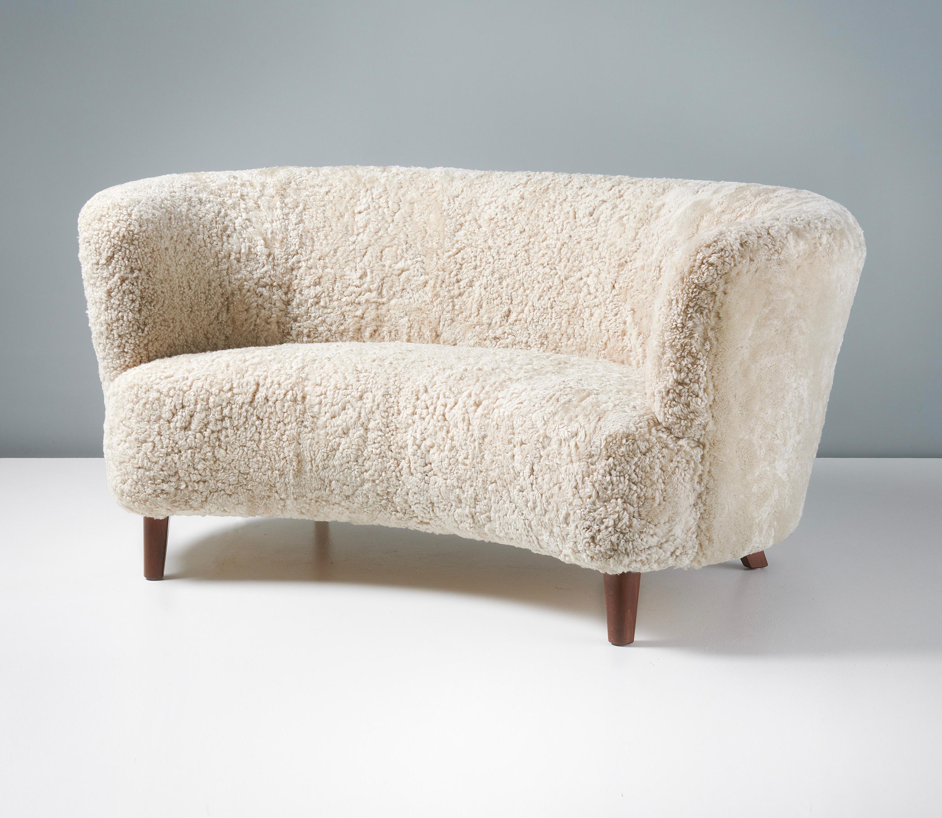 Danish Cabinetmaker 1940s Sheepskin Love Seat Sofa In Good Condition In London, GB