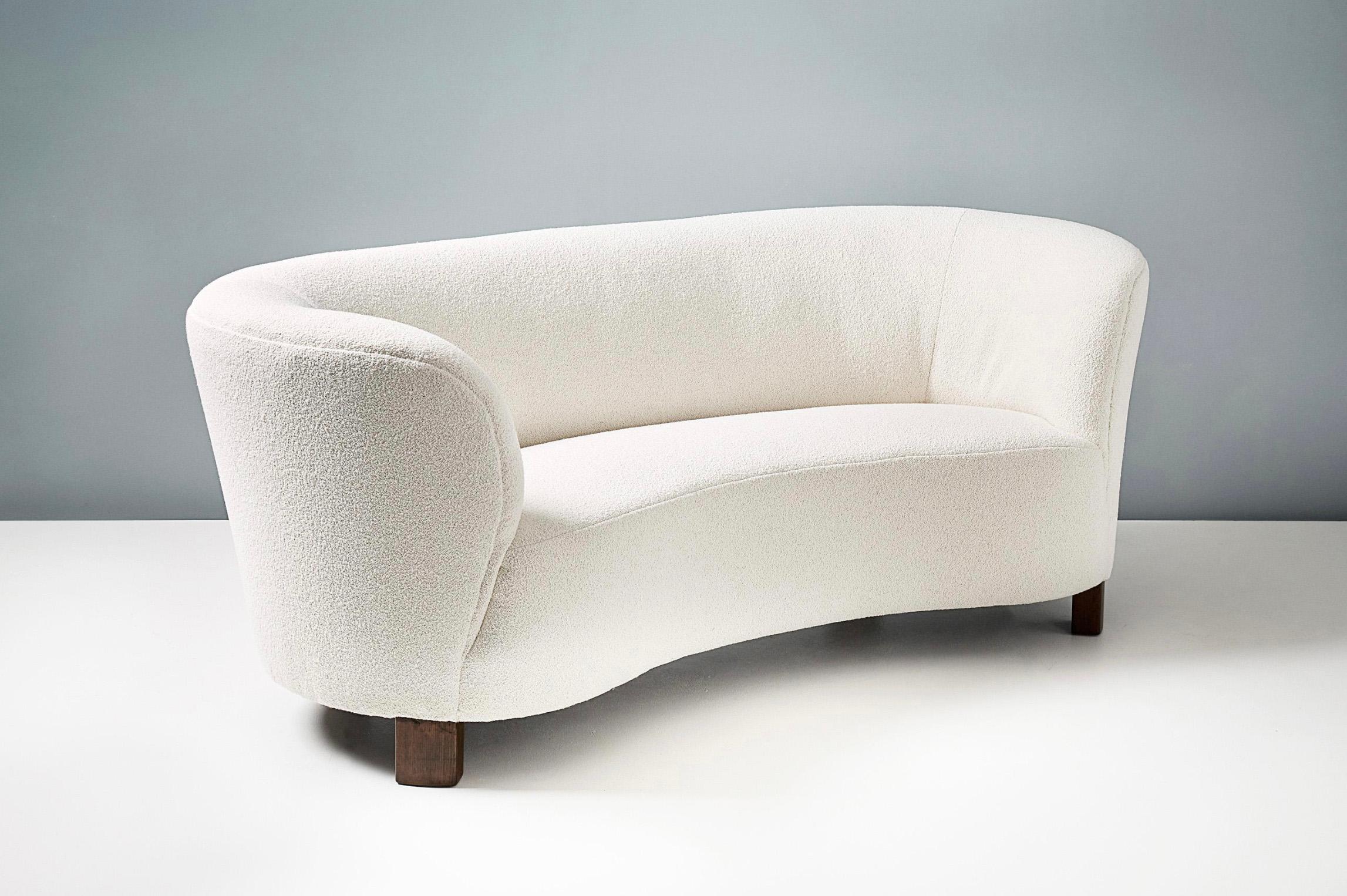 Classic curved sofa from master Danish cabinetmakers Slagelse Mobelvaerk, produced in Denmark circa 1940s. Oiled and stained, patinated oak legs with new off-white cotton-wool mix boucle upholstery from Chase Erwin, UK.