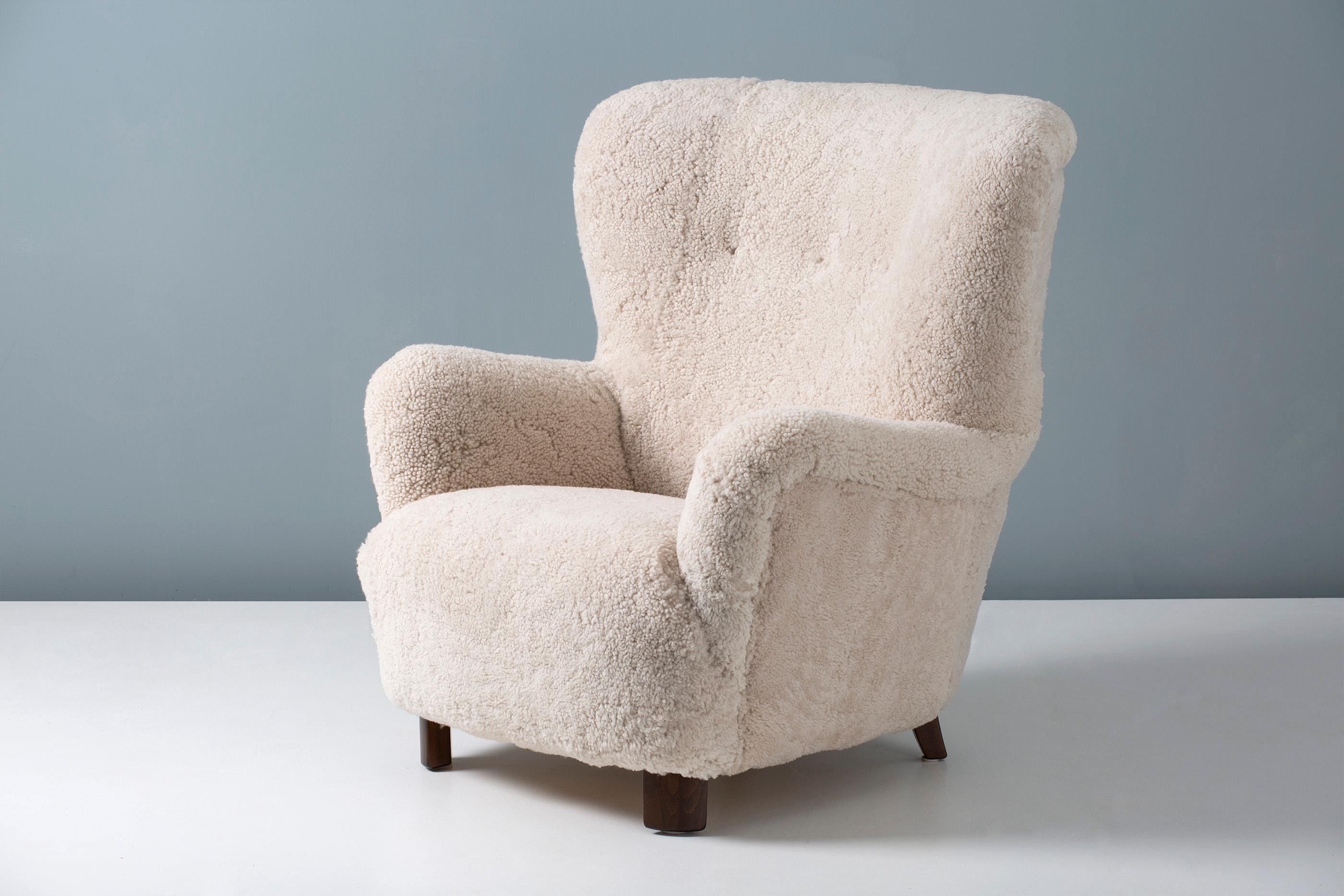 Danish Cabinetmaker 1950s Sheepskin Wing Chair In Excellent Condition In London, England