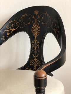 Danish Cabinetmaker Armchair, 1860s, Black Lacquer with Gold, Castors, Empire