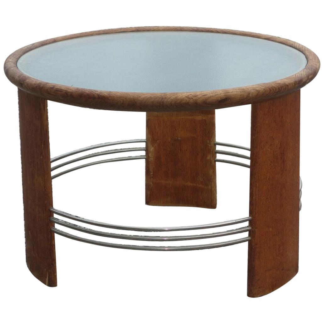 Danish Cabinetmaker Circular Art Deco Coffee Table of Oak with Metal Rails For Sale