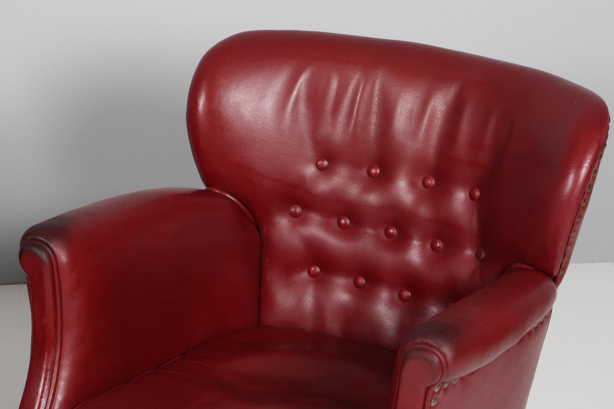 Scandinavian Modern Danish Cabinetmaker Club Chair in Original red Leather, 1940s