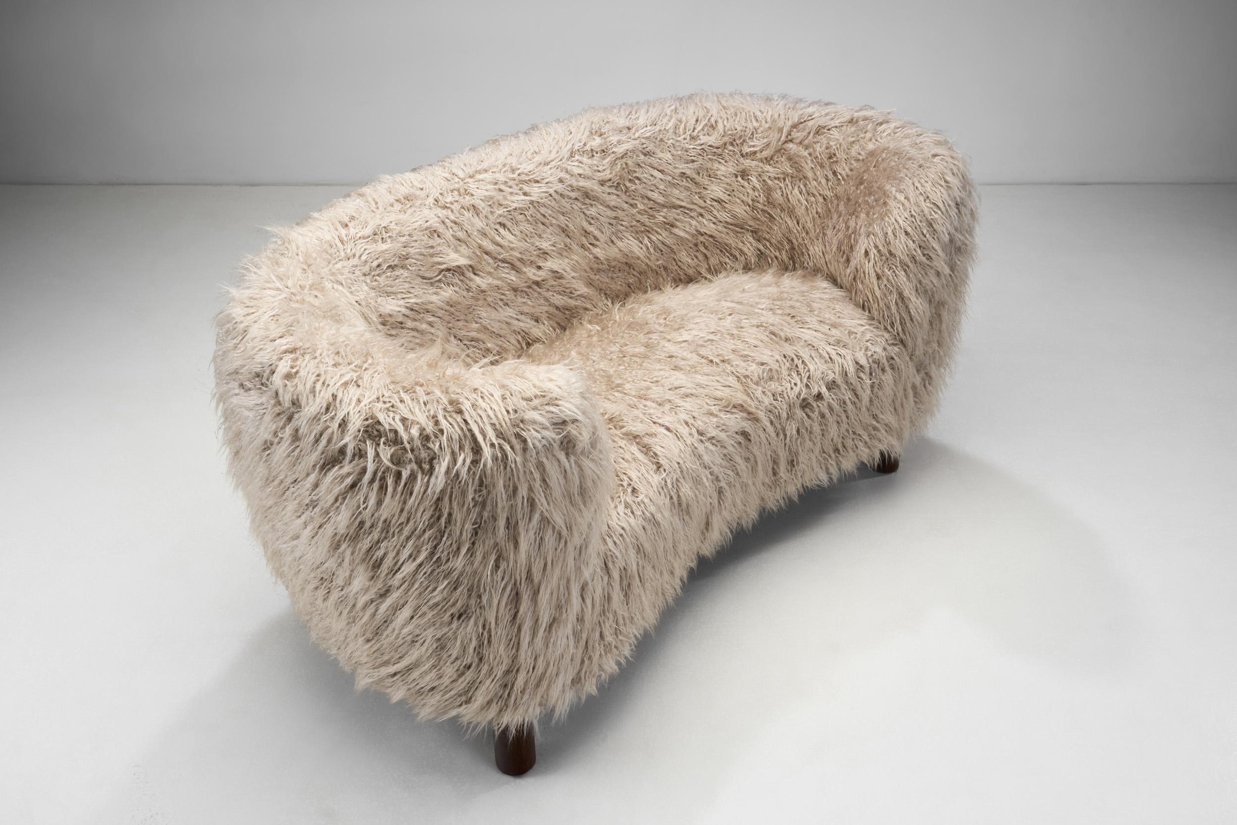 Mid-20th Century Danish Cabinetmaker Curved Sofa in Taupe Faux Shearling, Denmark, circa 1950s For Sale