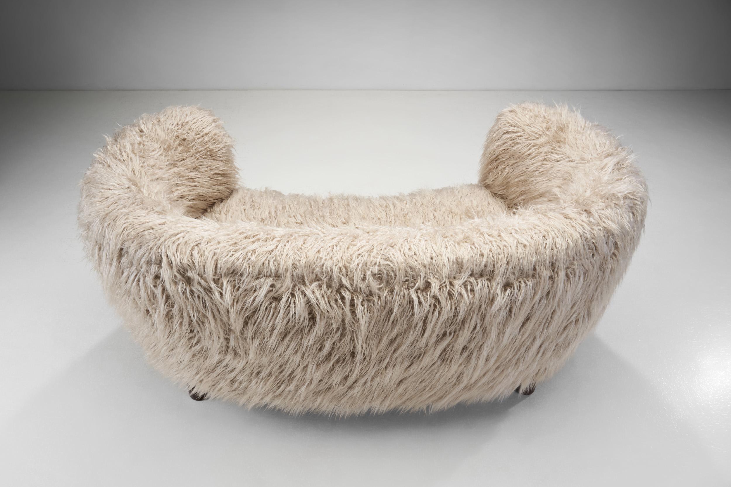 Faux Fur Danish Cabinetmaker Curved Sofa in Taupe Faux Shearling, Denmark, circa 1950s For Sale