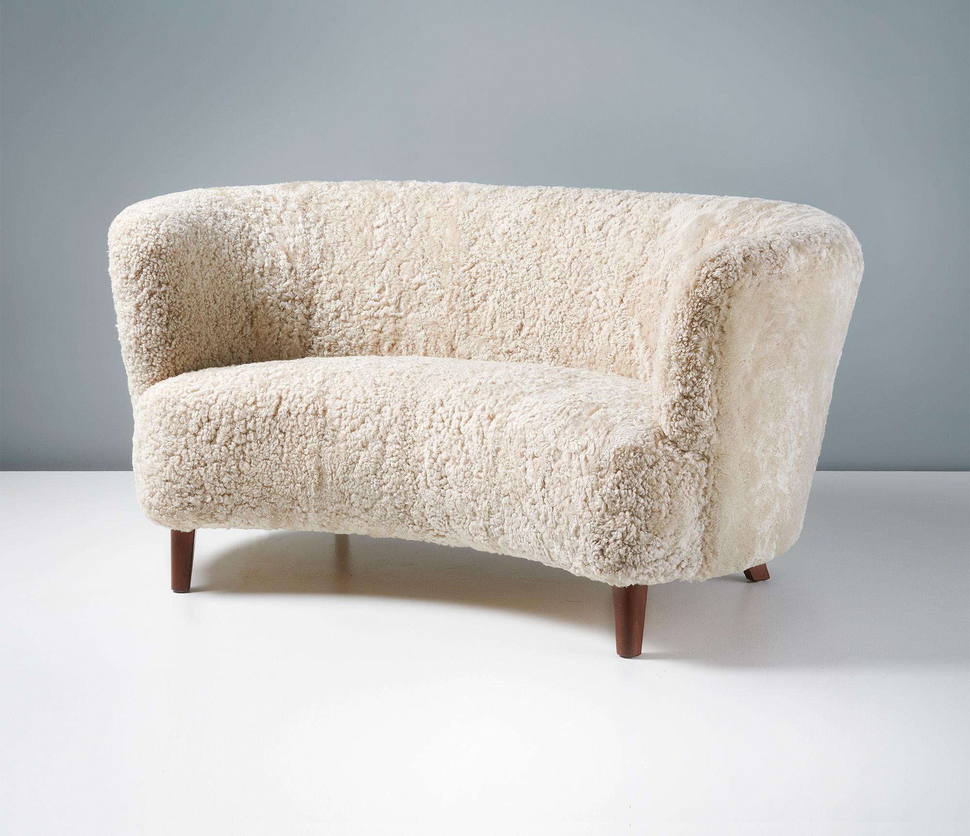 Danish Cabinetmaker Curved Sofa Sheepskin c1940s In Excellent Condition For Sale In London, England