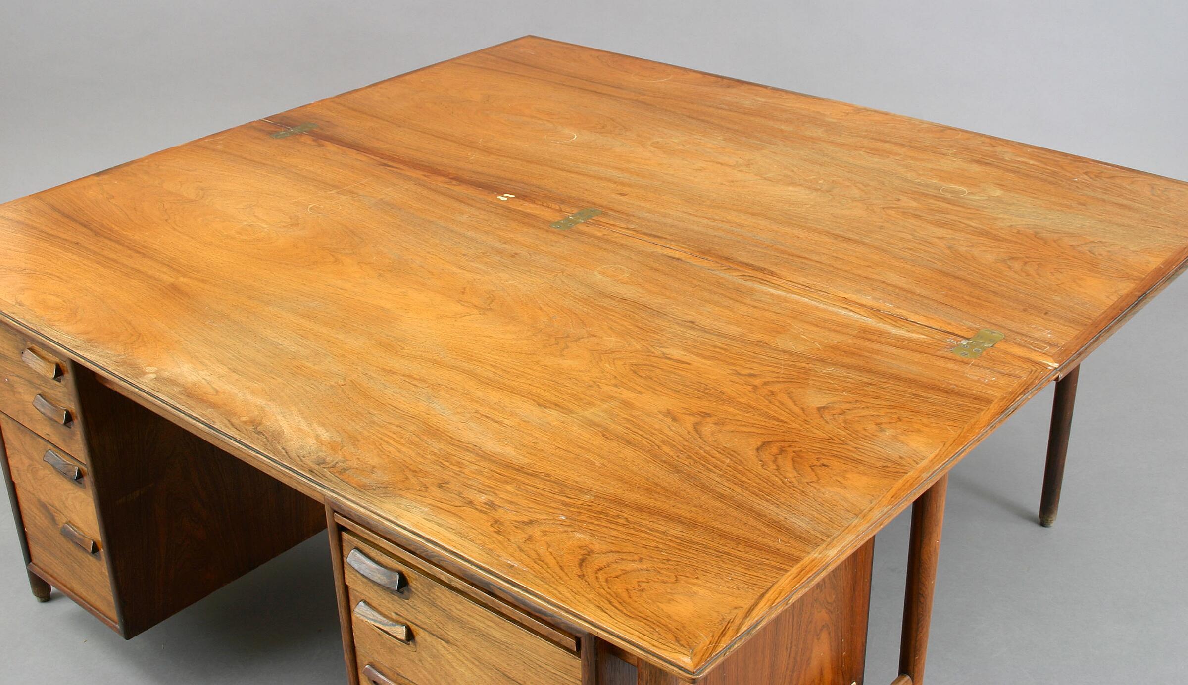Scandinavian Modern Danish cabinetmaker desk with unfolding double top circa late 1940s For Sale