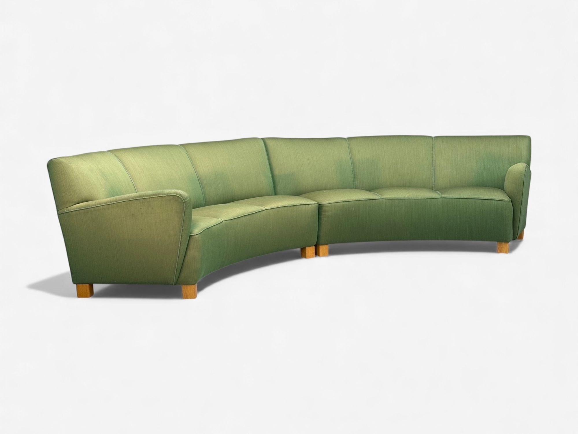 Danish Cabinetmaker, Mid-Century Modern, Green Fabric, Wood, Two Piece Banana Sofa, Denmark, 1960s

A large two piece banana sofa designed and produced in Denmark in the later half of the 20th century. This example features it's original green wool