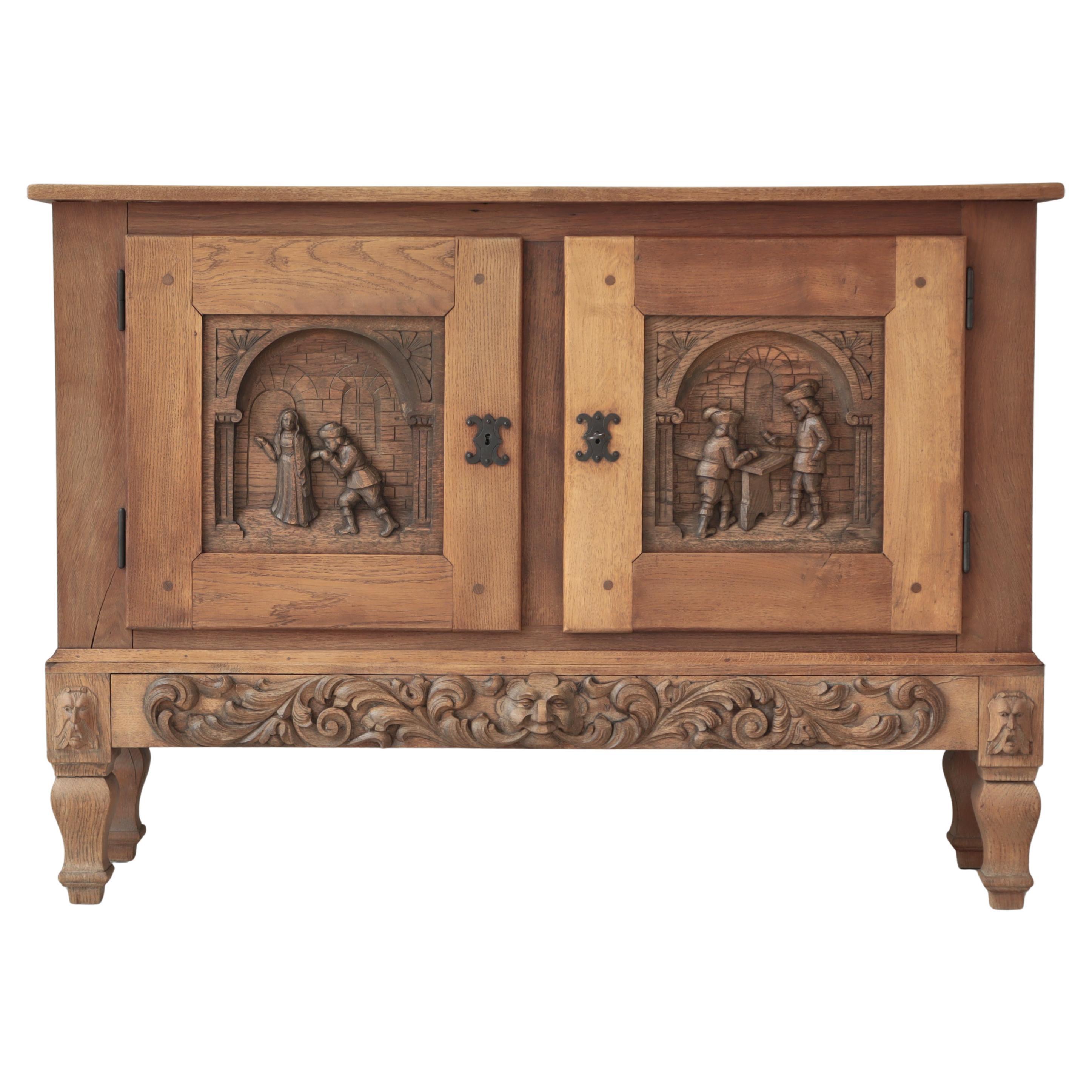 Danish Cabinetmaker Jugend Style Carved Oakwood Cupboard, Denmark, 1920s