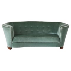 Danish Cabinetmaker Curved 1940s three seater Sofa in Green Velvet Mohair