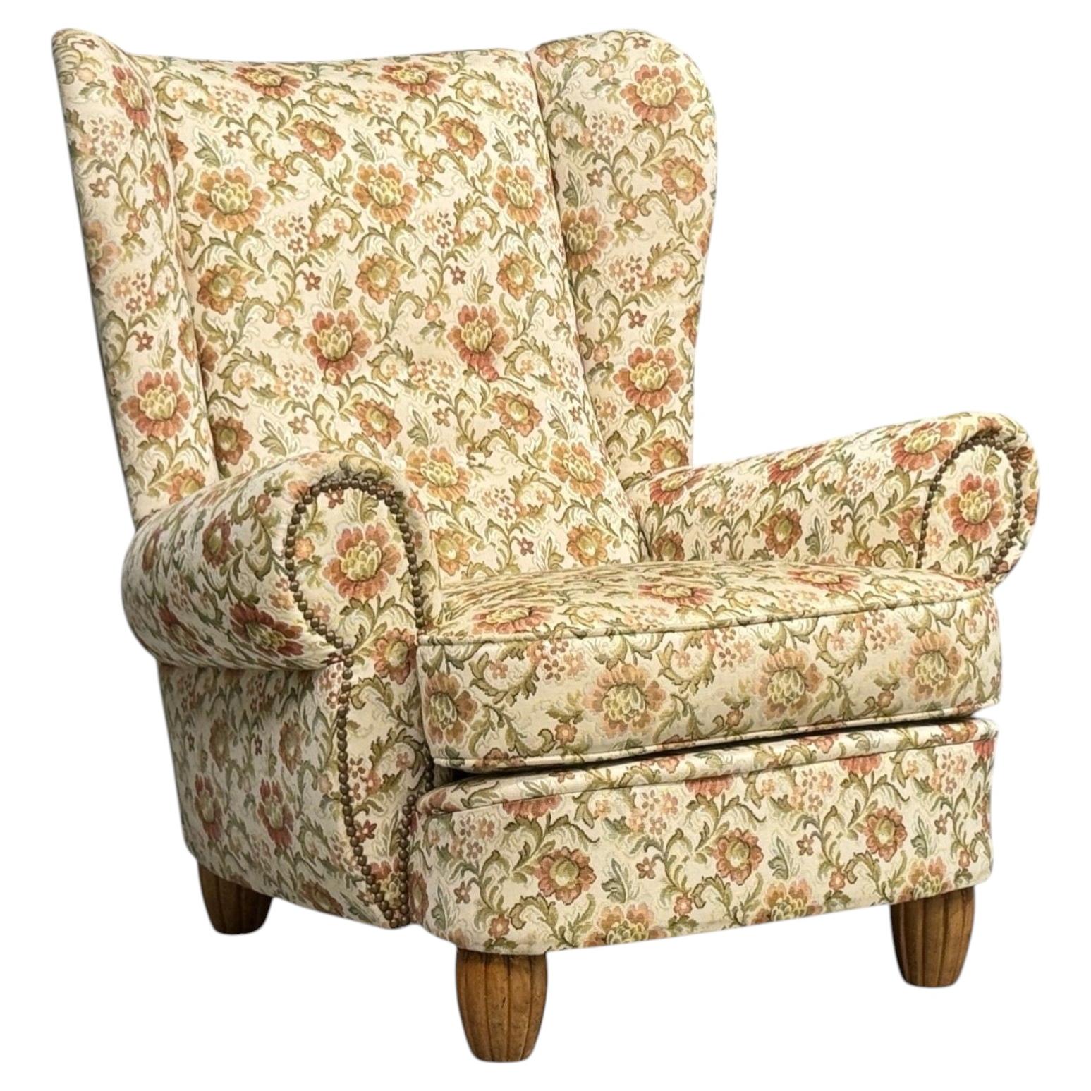 Danish Cabinetmaker, Large Wingback Chair, Floral Fabric, Wood, Denmark, 1950s For Sale
