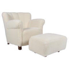 Danish Cabinetmaker, Lounge Chair and ottoman Lambswool, 1940s