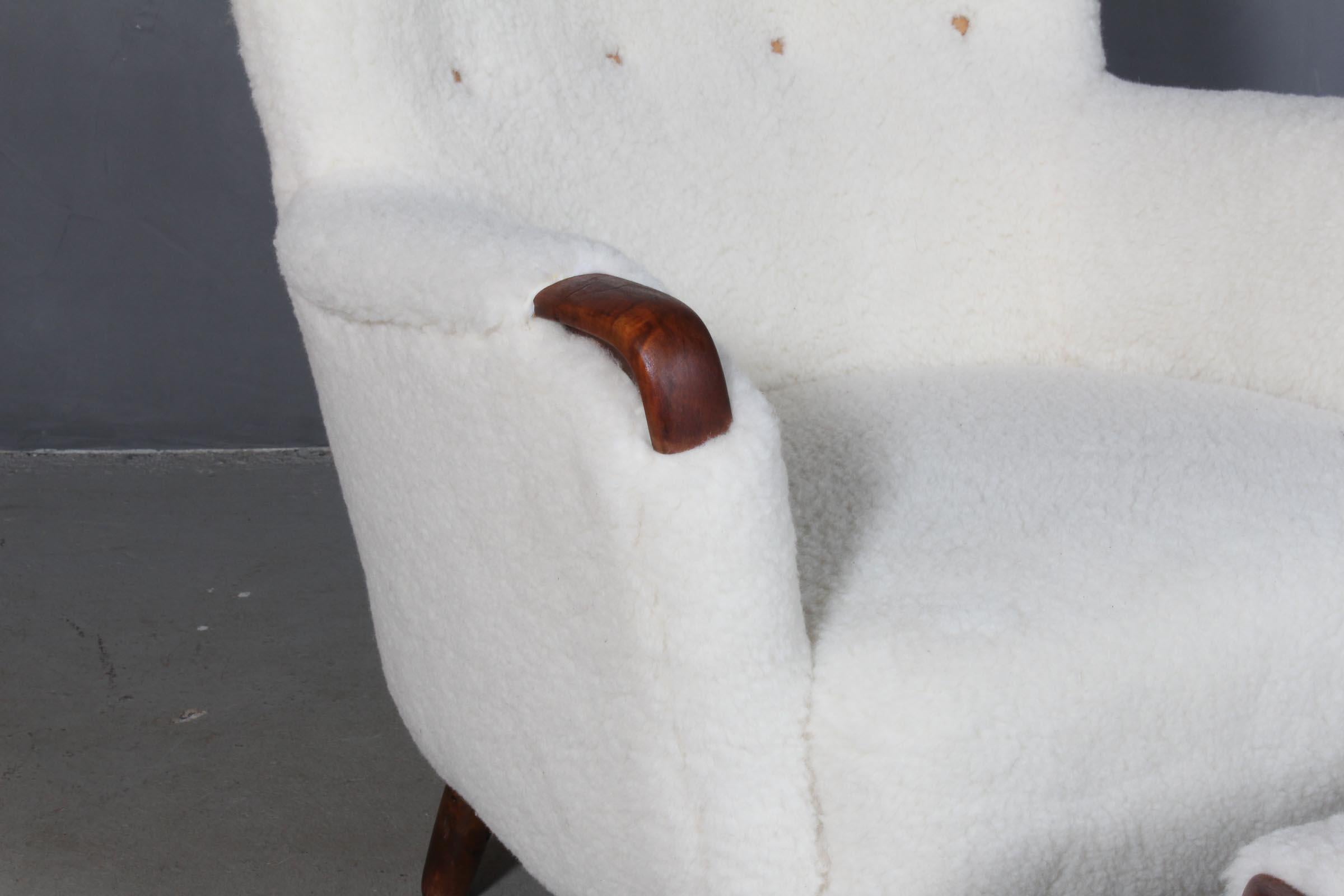 Danish Cabinetmaker, Lounge Chair and Ottoman Lambwool, 1940s In Good Condition In Esbjerg, DK