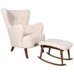 Danish Cabinetmaker, Lounge Chair and Ottoman Lambwool, 1940s