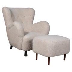 Danish Cabinetmaker, Lounge Chair and Ottoman Lambwool, 1940s