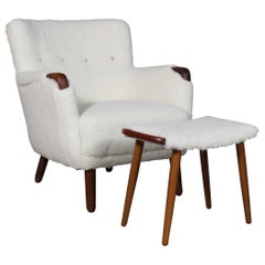 Danish Cabinetmaker, Lounge Chair and Ottoman Lambwool, 1940s