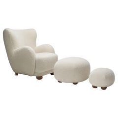 Danish Cabinetmaker Lounge Chair and Ottomans in Alpaca Wool, Denmark 1940s
