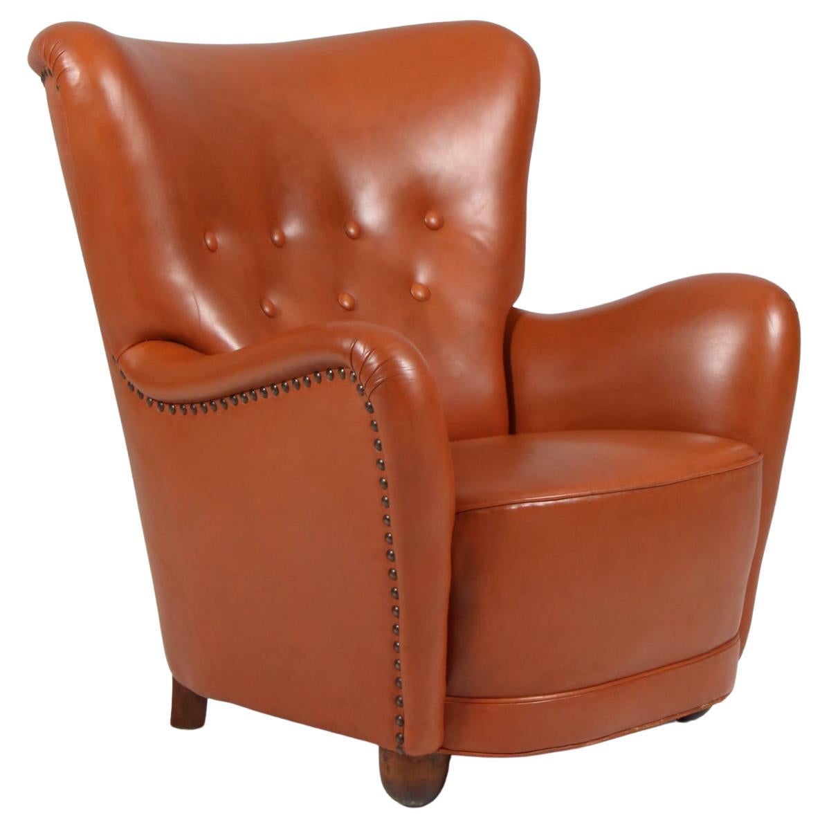 Dänische Tischlerei, Sessel cognacfarbenes Leder, 1940er Jahre im Angebot